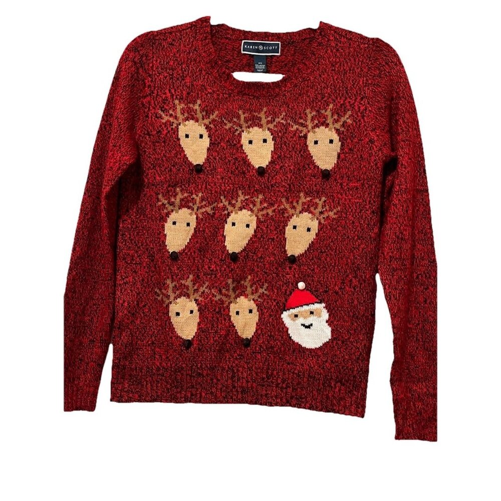 Karen Scott  Womens Red Sweater 8 Reindeer Plus Santa Christmas Size XS